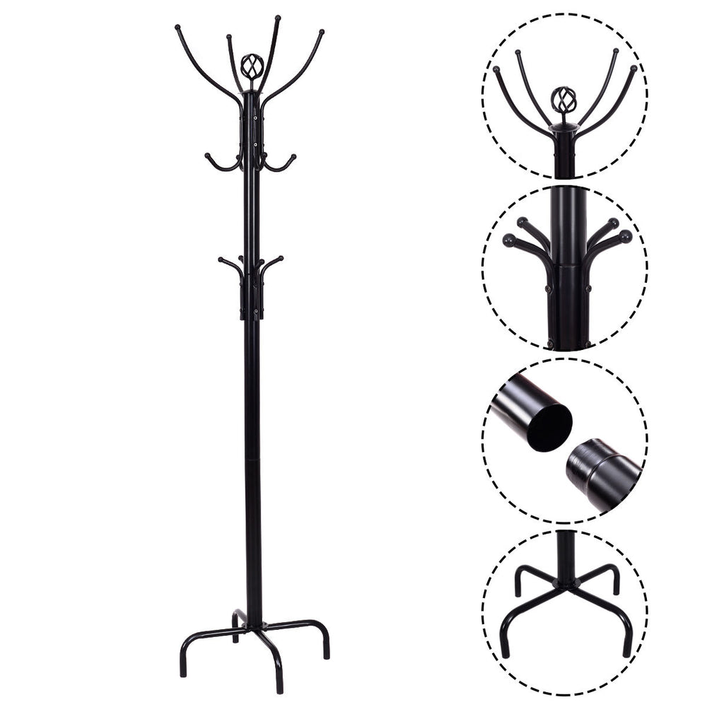 Metal coat rack with 12 hooks, premium powder-coated steel, elegant design, perfect for coats, hats, and accessories.