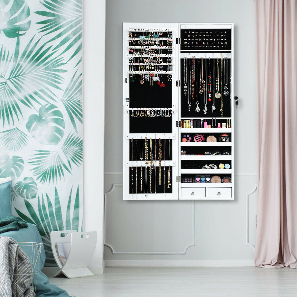 Wall mounted lockable jewelry cabinet with LED lights, full-length mirror, and spacious storage for accessories.