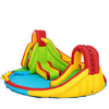 Inflatable water slide bounce park in bright colors with splash pool, two slides, and climbing walls for outdoor fun.