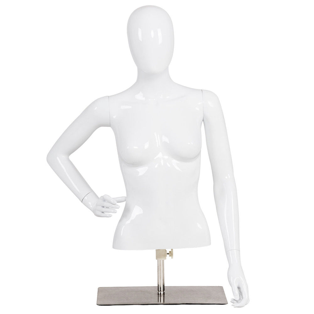 Female mannequin torso with adjustable height, positioned to highlight the elegant arm pose, perfect for clothing.