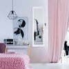 Full-length wall-mounted lockable mirror jewelry cabinet with LED lights, designed for space-saving storage in bedrooms.