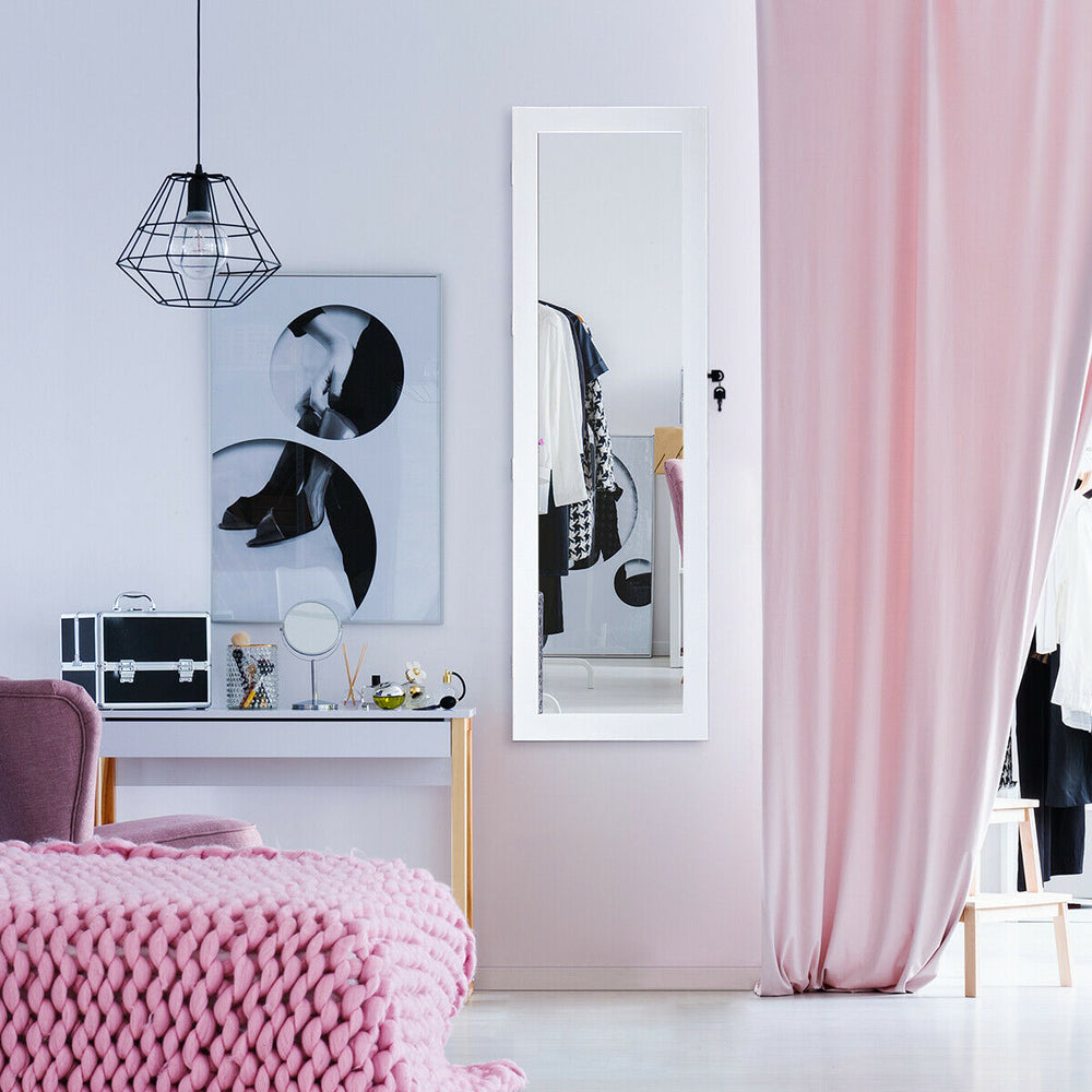 Full-length wall-mounted lockable mirror jewelry cabinet with LED lights, designed for space-saving storage in bedrooms.
