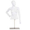 Female mannequin torso with adjustable height and metal stand, featuring a bright white finish for displaying clothing.