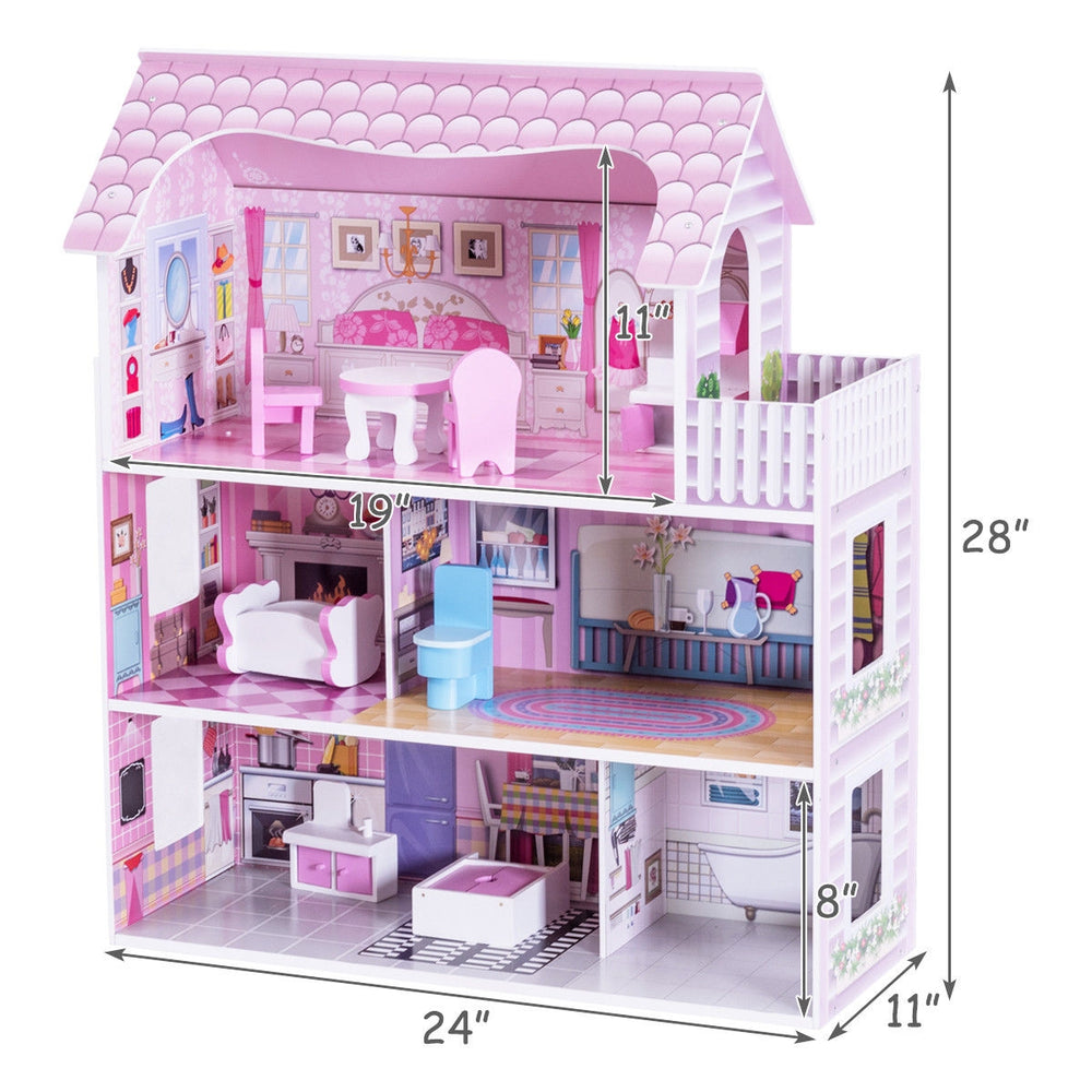 28-inch pink dollhouse with 5 rooms, balcony, and 8 furniture pieces, perfect for imaginative play with mini dolls.