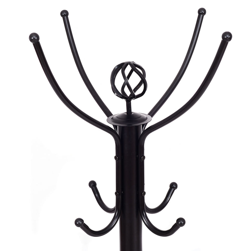 Metal coat rack with 12 hooks, featuring a sturdy base and elegant design, perfect for organizing coats and accessories.