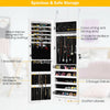 Wall mounted jewelry cabinet with LED light, featuring 5 rows for rings, 18 hooks for necklaces, and 2 bottom drawers.