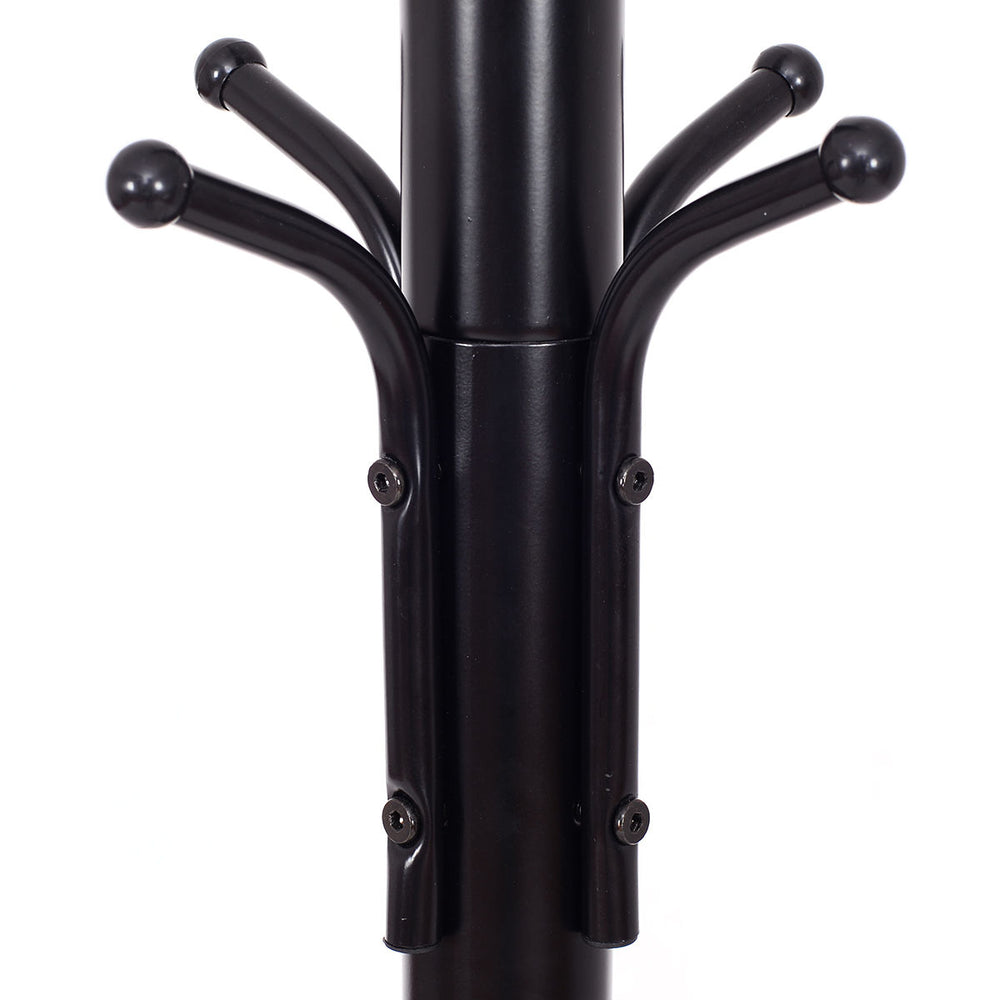 Close-up of the metal coat rack showcasing the 12 hooks, featuring a sleek black powder-coated steel design.