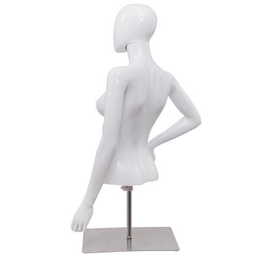 Female mannequin torso in bright white color, adjustable height with metal stand, showcasing a stylish back view.