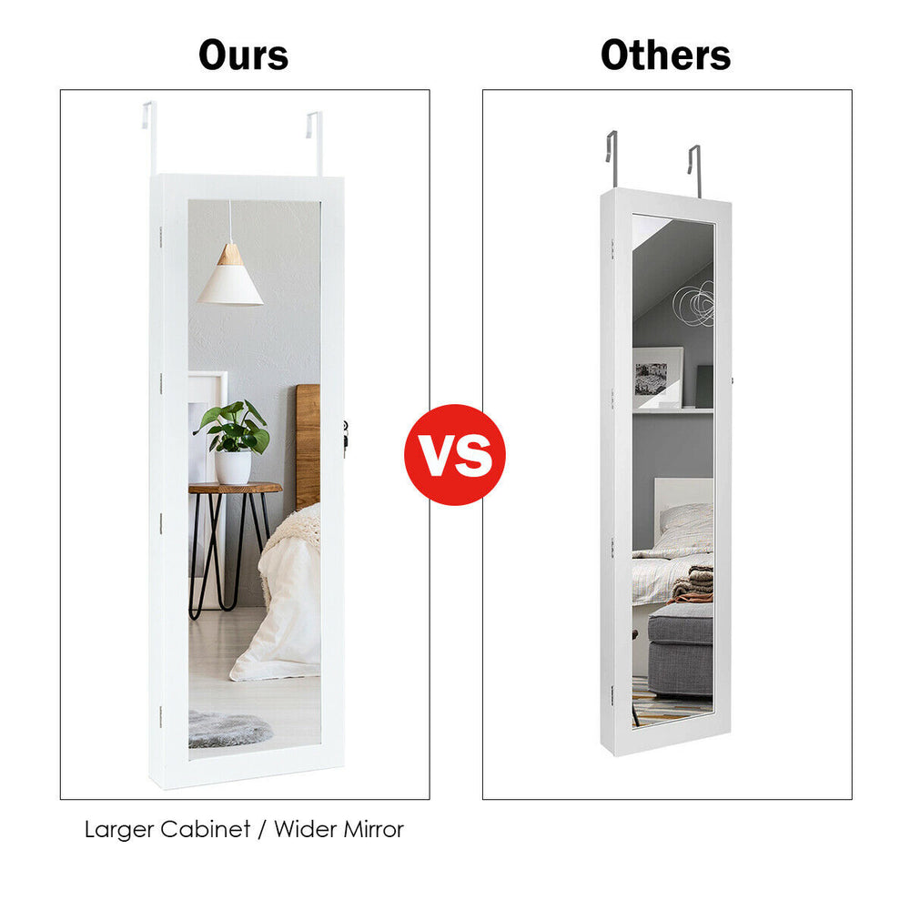 Wall mounted lockable mirror jewelry cabinet with LED light, featuring a spacious design and full-length mirror for.