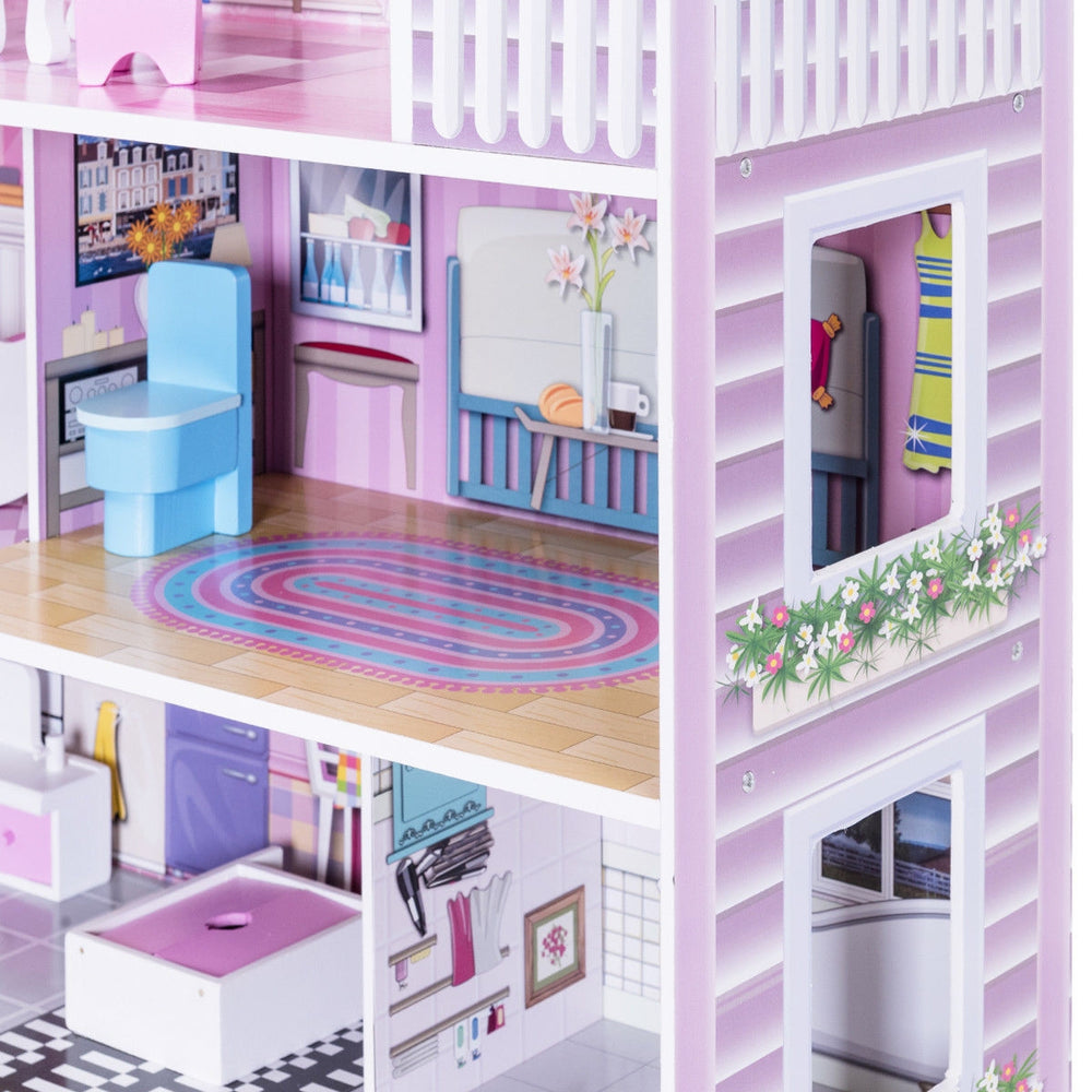 Interior view of the 28-inch pink dollhouse featuring colorful furniture, 5 rooms, and a balcony for imaginative play.