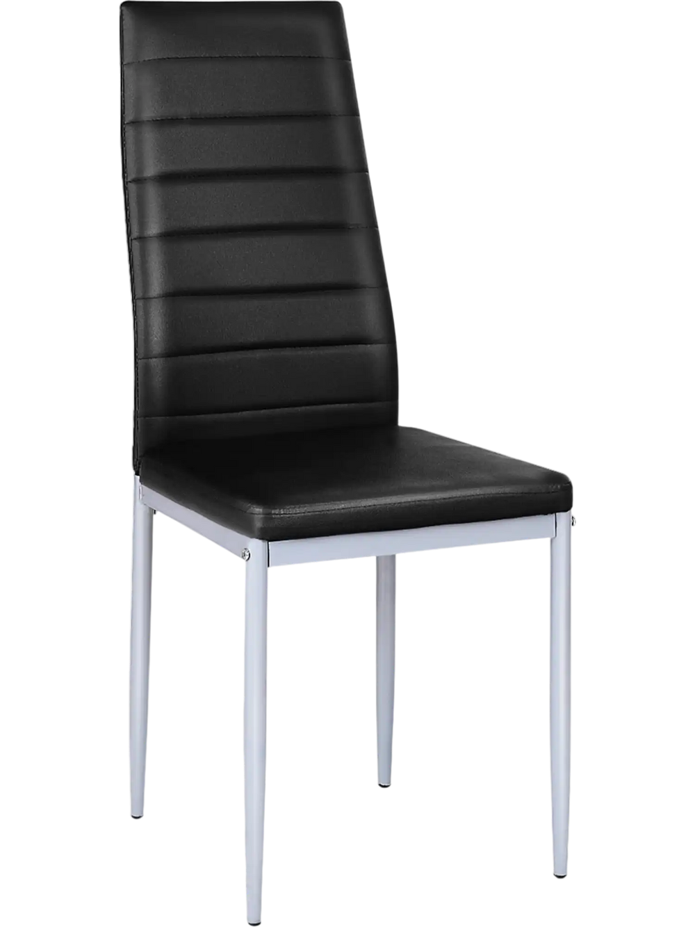 Black PVC leather dining side chair with painted steel legs, featuring a modern and elegant design for stylish dining.