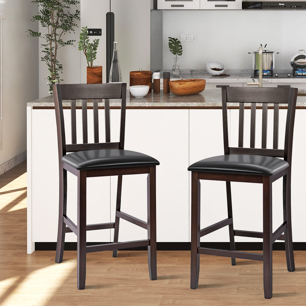 Set of 2 bar stools with rubber wood legs and cushioned seats, perfect for modern home decor and comfortable seating.