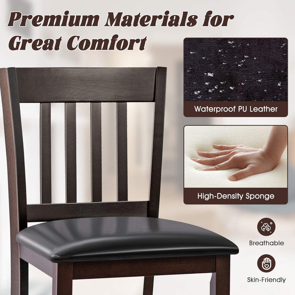 Curved backrest and wide cushioned seat of a bar stool set with rubber wood legs, featuring waterproof PU leather for.