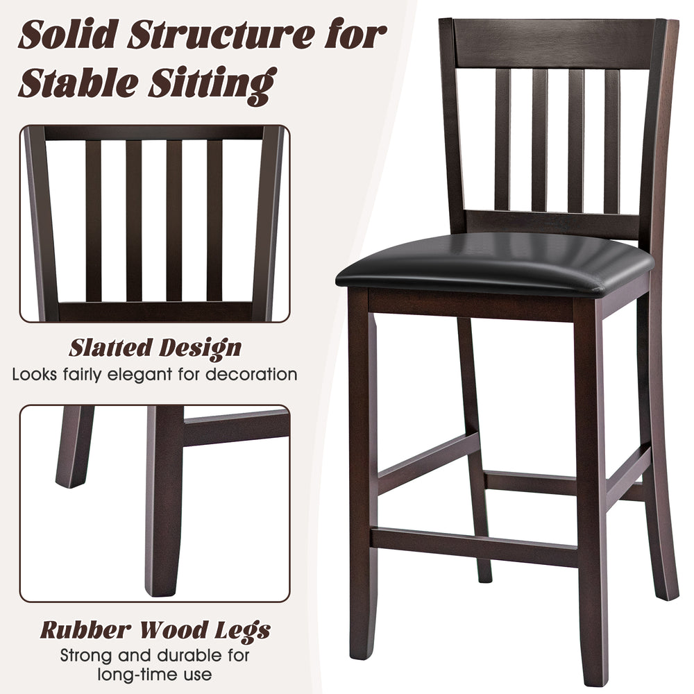 25-inch bar stool with rubber wood legs, slatted design, and cushioned seat for comfortable indoor seating.