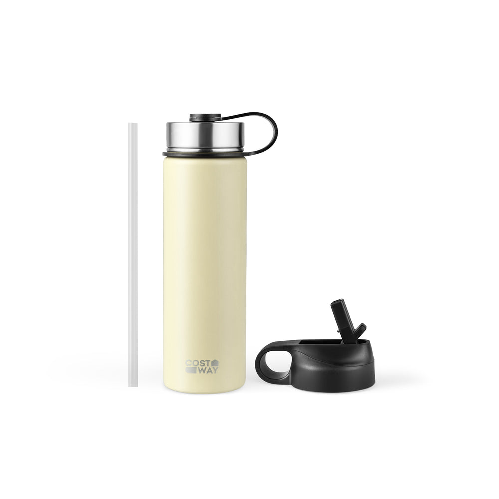 22 oz beige insulated stainless steel water bottle with two lids and straw, perfect for camping and outdoor activities.