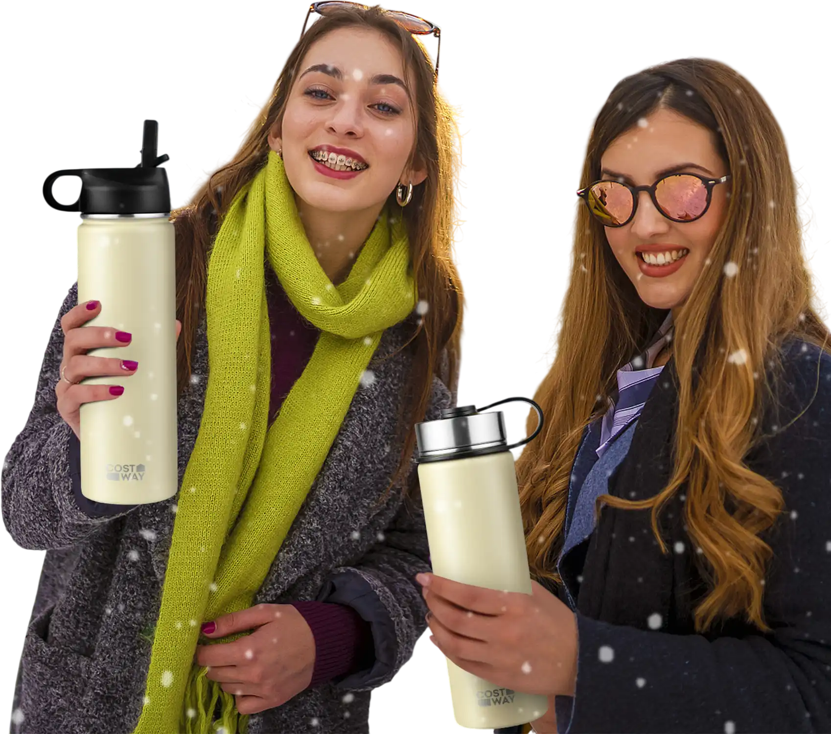 Costway 22 oz Double-Walled Insulated Stainless Steel Water Bottle w/ 2 Lids & Straw Beige 37892146 New