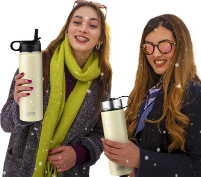 Costway 22 oz Double-Walled Insulated Stainless Steel Water Bottle w/ 2 Lids & Straw Beige 37892146 New