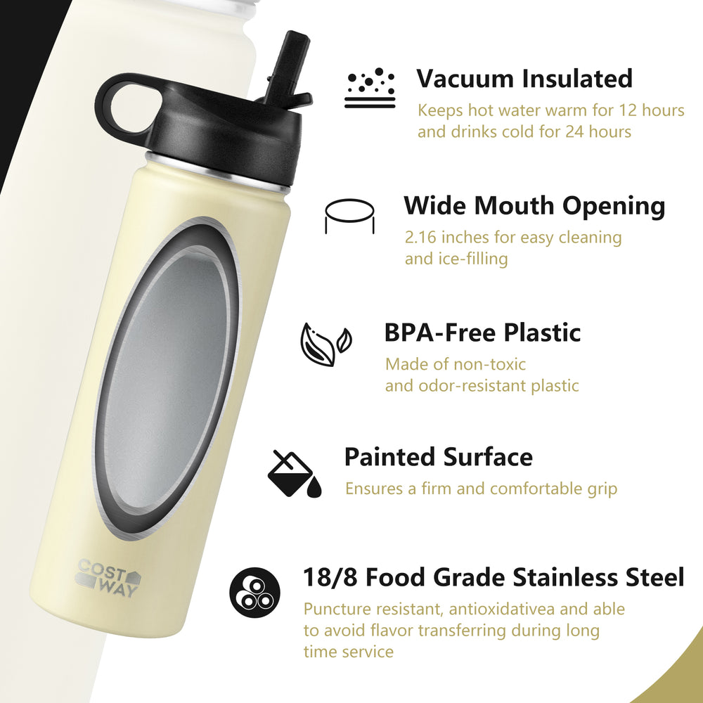 22 oz double-walled insulated stainless steel water bottle in beige with wide mouth opening and flip-up straw lid for.