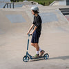 Folding aluminum alloy scooter in blue with adjustable height, large PU tires, and anti-slip deck for safe rides.