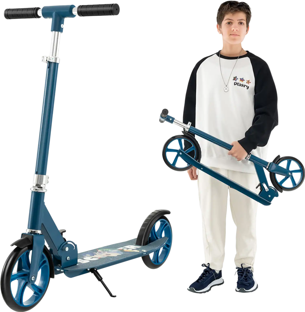 Folding aluminum alloy scooter in blue with adjustable height, large PU tires, and a lightweight frame for kids and.