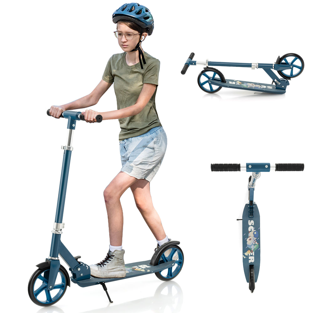 Folding aluminum alloy scooter in blue with adjustable height, large PU tires, and anti-slip deck for kids and adults.