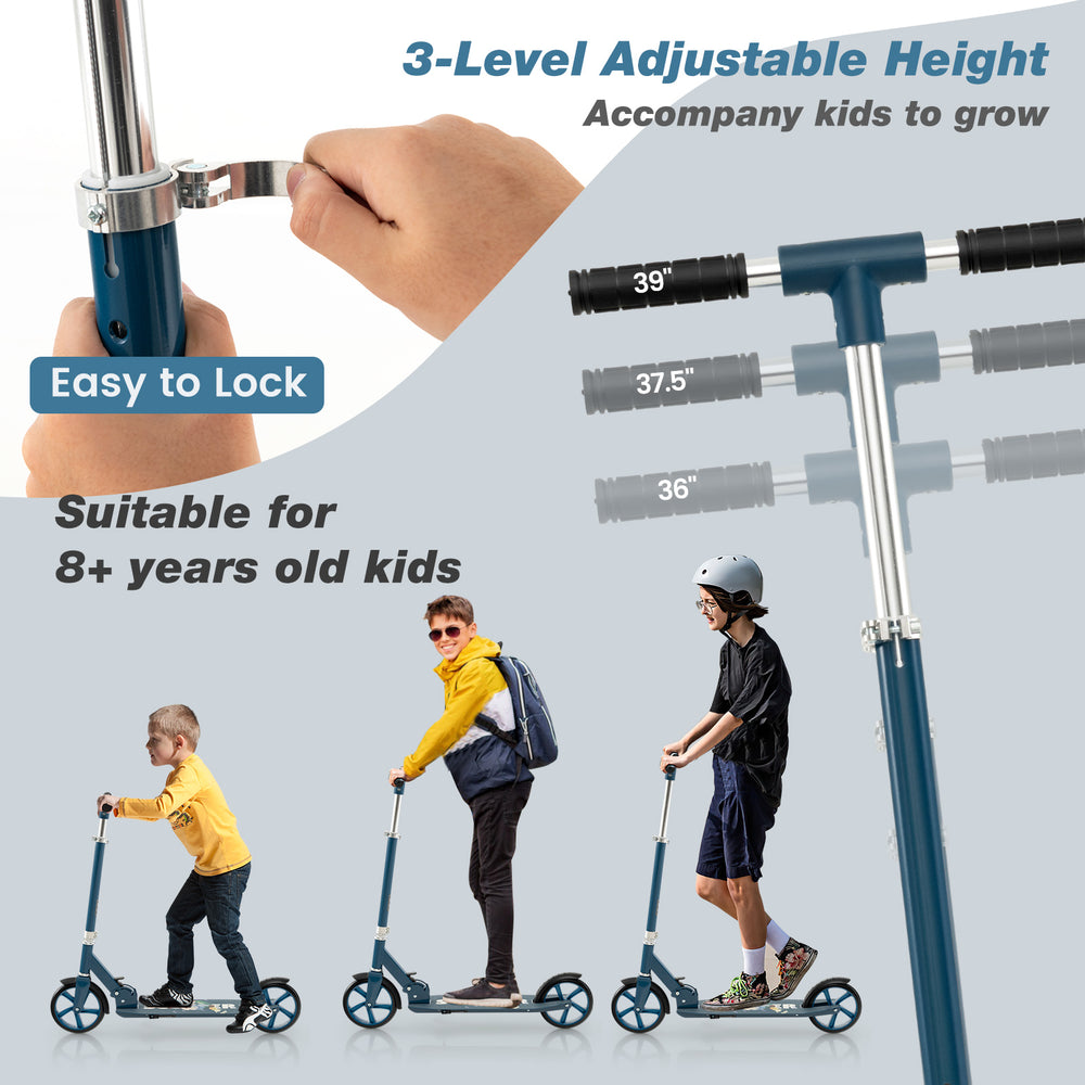 Folding aluminum alloy scooter in blue with 3 adjustable heights, suitable for kids 8+ years, featuring large PU tires.