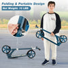 Folding aluminum alloy scooter in blue with adjustable height, large PU tires, and lightweight design for kids and.