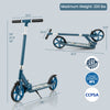 Folding aluminum alloy scooter in blue with adjustable height, 8" PU tires, and a weight capacity of 220 lbs.
