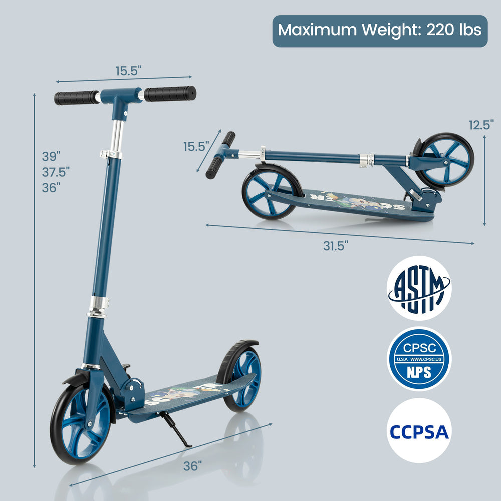 Folding aluminum alloy scooter in blue with adjustable height, 8" PU tires, and a weight capacity of 220 lbs.