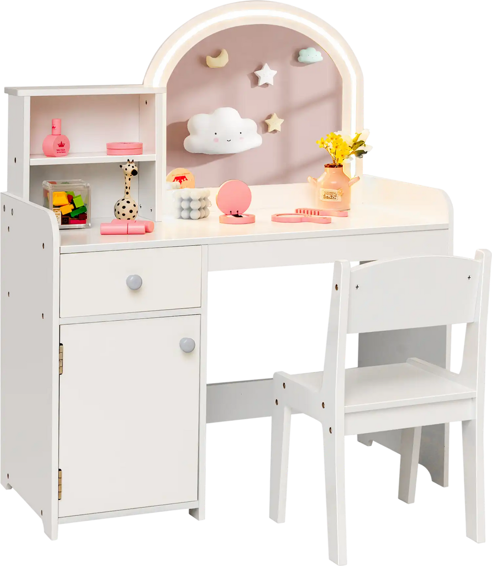 Kids vanity table and chair set in white with shelves, drawer, and LED lights for stylish and secure playtime.