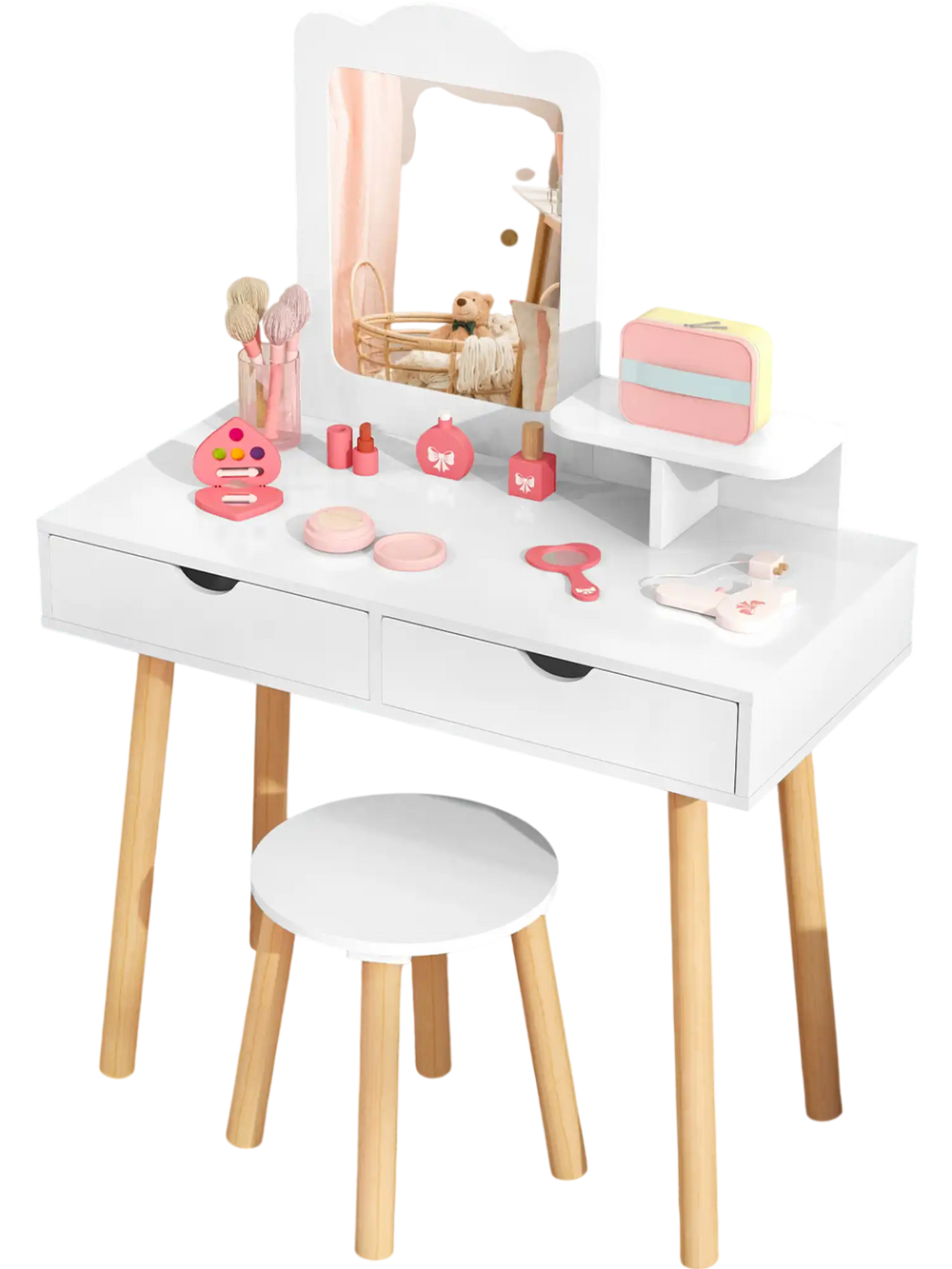 Kid vanity table and chair set in white with mirror, featuring two large storage drawers for organized play.