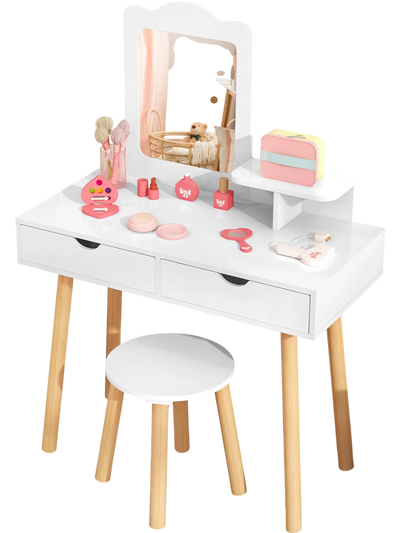 Costway Kids Vanity Table Chair Set Mirror 2 Drawers White 86954012 New