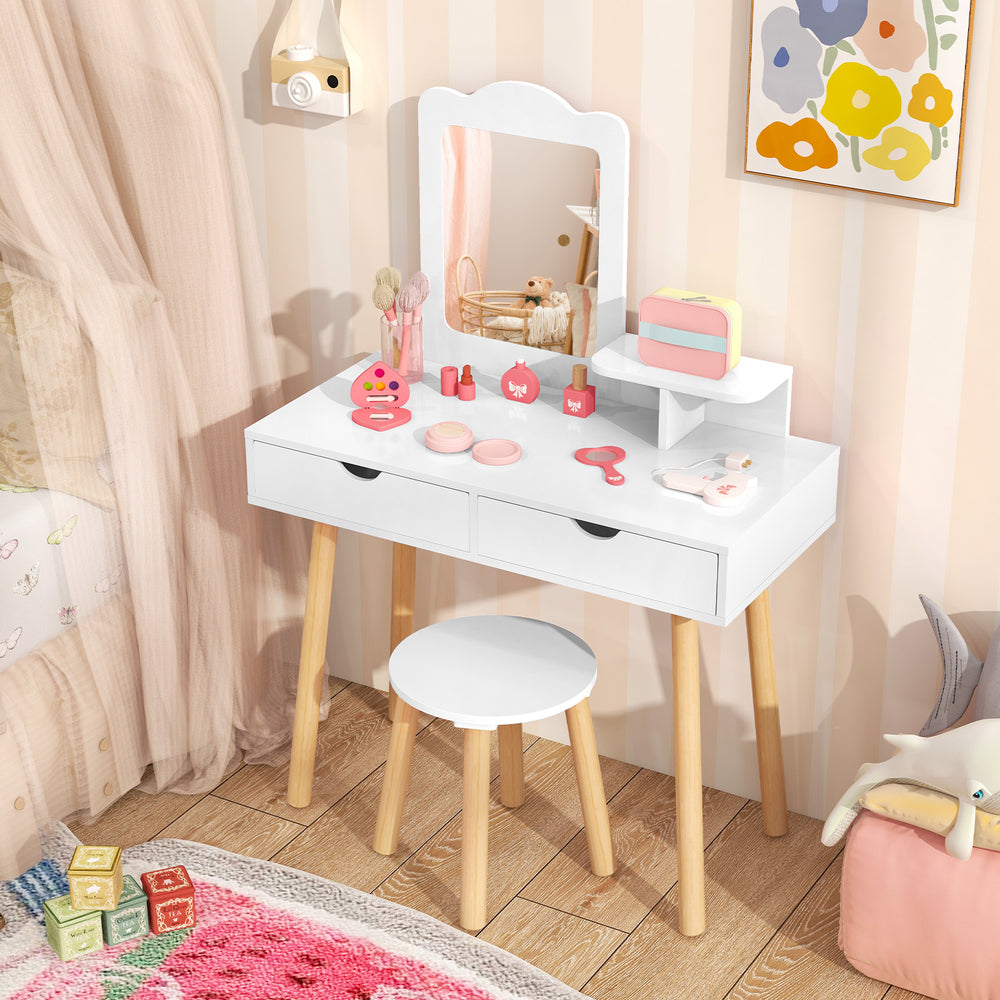 Kid Vanity Table Chair Set with Mirror and 2 Large Storage Drawers-White - Gallery View 1 of 10