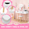 Kids vanity table and stool set in white with mirror, large storage drawers, and solid pine wood legs for stability.