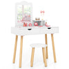 Kid vanity table set with removable mirror, two large storage drawers, and natural pine wood legs for stability.