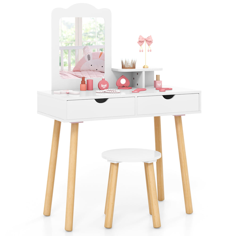 Kid vanity table set with removable mirror, two large storage drawers, and natural pine wood legs for stability.