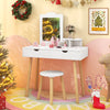 Kid vanity table and chair set in white with mirror and two large storage drawers, ideal for children's play and.