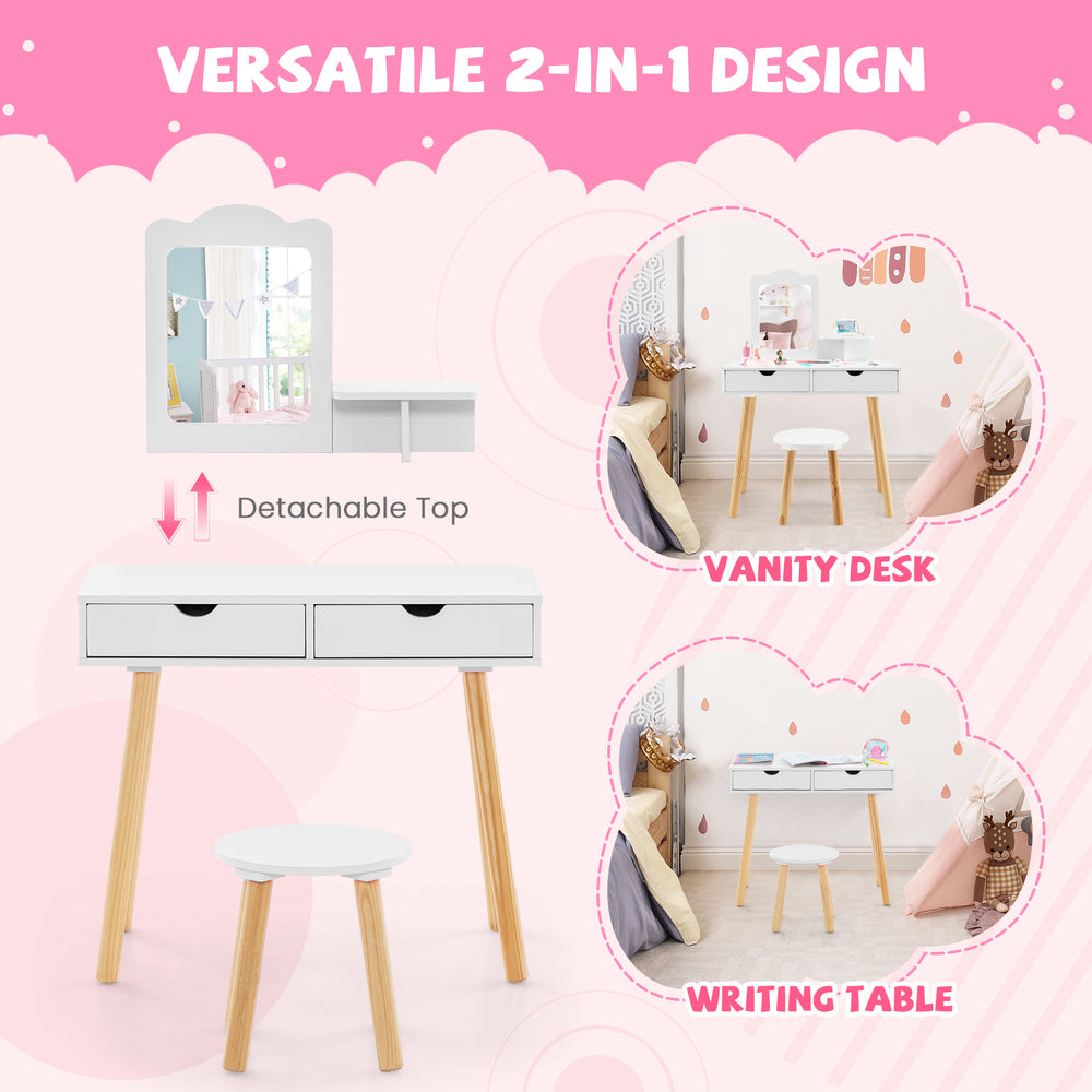 Kid vanity table chair set in white with removable mirror, large storage drawers, and sturdy pine wood legs for.