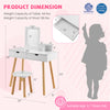 Kid vanity table and stool set in white with mirror, featuring large storage drawers for ages 3-7 years.