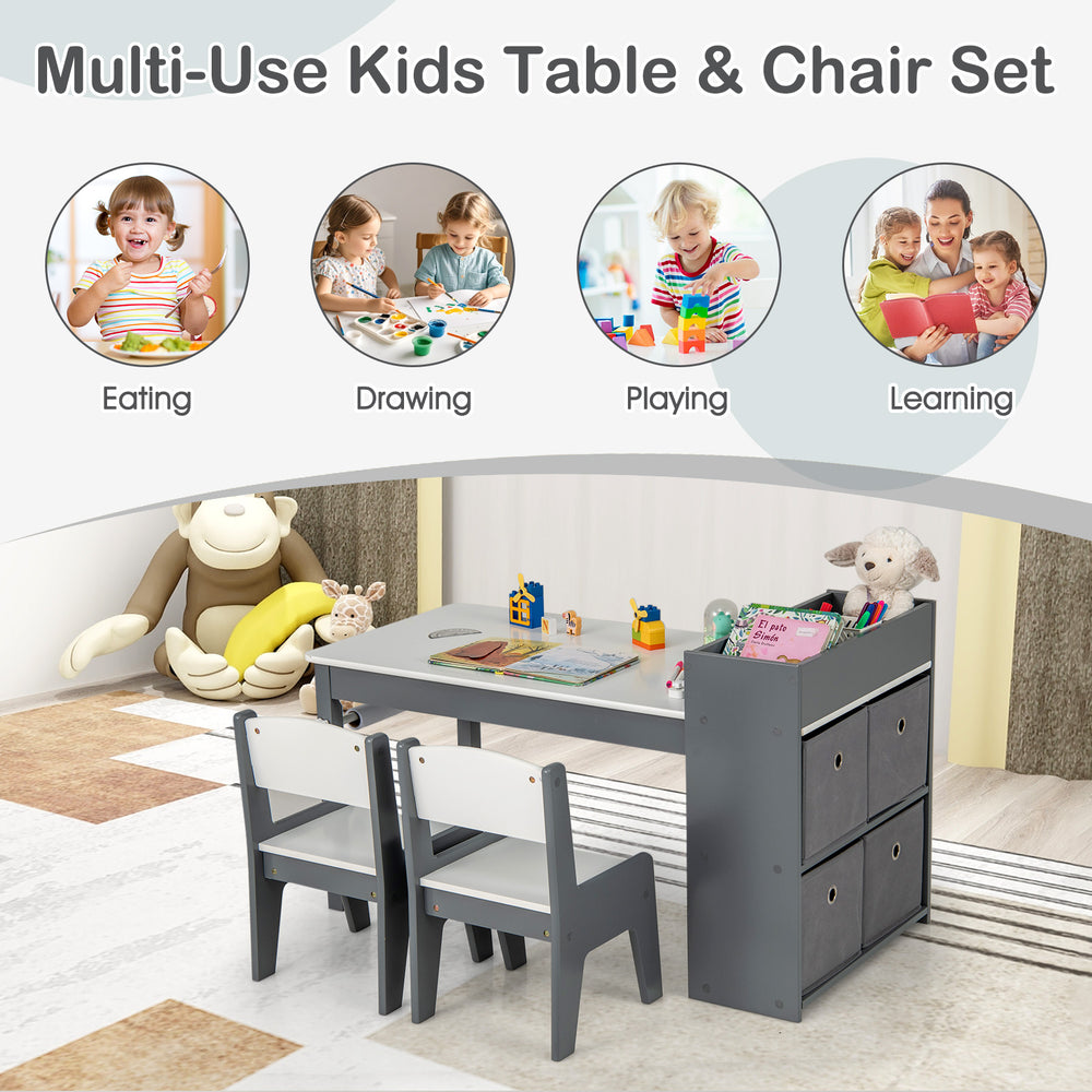 Kids art table and chairs set in gray with storage bins, perfect for drawing, playing, and learning activities.