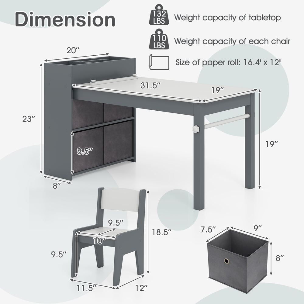 Kids art table set with gray finish, featuring 2 ergonomic chairs, storage bins, and a paper roll holder for creative.