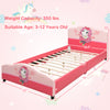Kids upholstered platform toddler bed with cute girl pattern, robust PVC material, and adjustable height for ages 3-12.