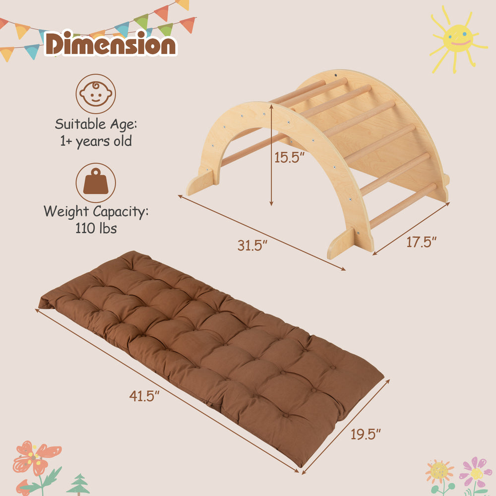 Kids climbing arch with removable coffee cushion, made of solid wood, ideal for play and learning activities.