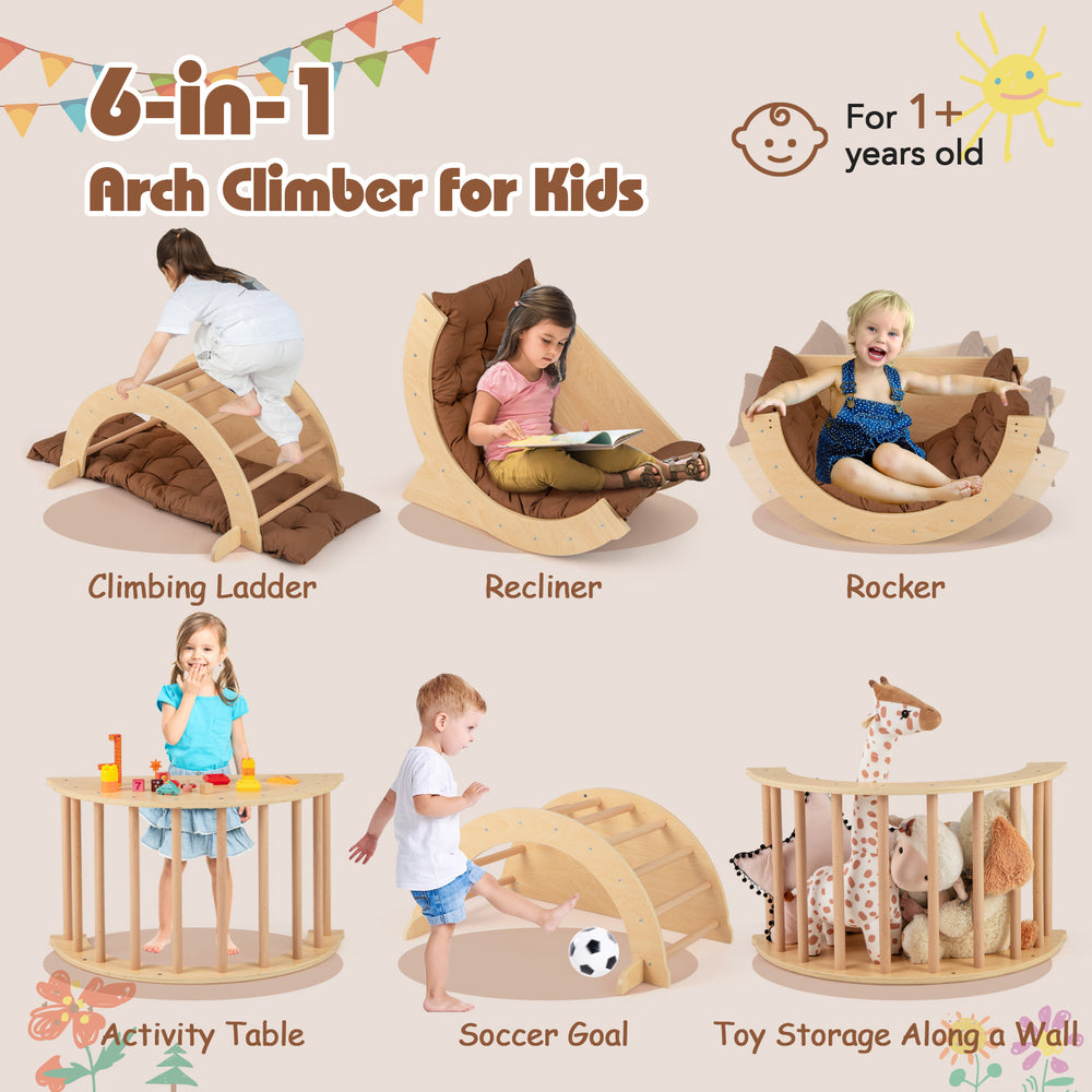 Kids climbing arch with cushion, solid wood construction, versatile for play, recline, and storage, ideal for toddlers.