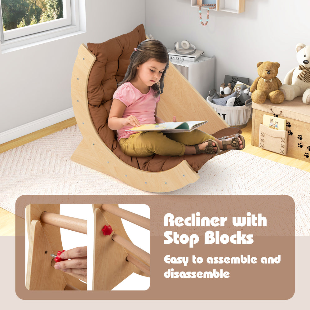Kids climbing arch with cushion in a recliner position, made of solid wood, perfect for play and relaxation.