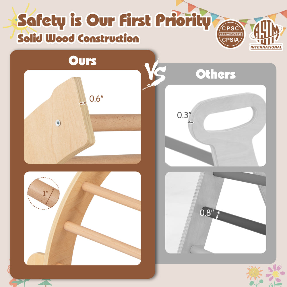 Kids climbing arch with cushion, solid wood construction, anti-tip feet, designed for safe play and learning.