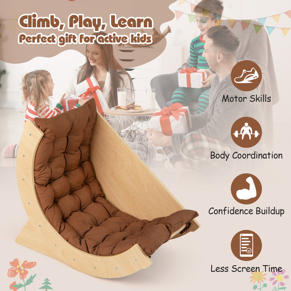 Kids climbing arch with cushion in coffee color, designed for play, learning, and safe climbing activities.