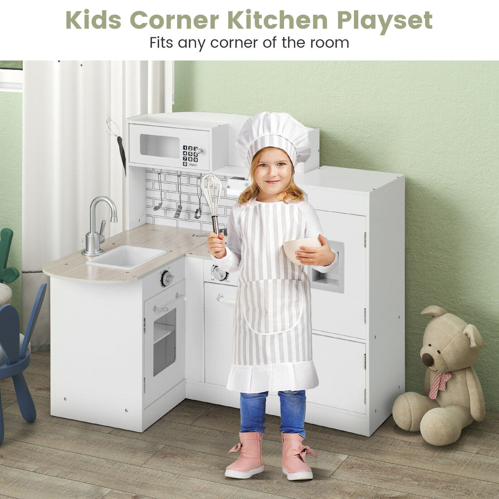 Kids kitchen playset featuring a compact L-shaped design with stove, sink, and refrigerator for realistic cooking fun.