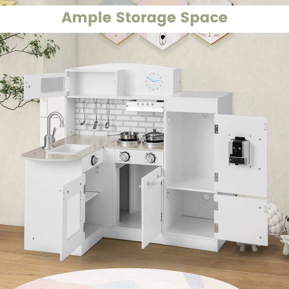Kids kitchen playset in white with stove, sink, and ample storage space for realistic cooking fun and organization.