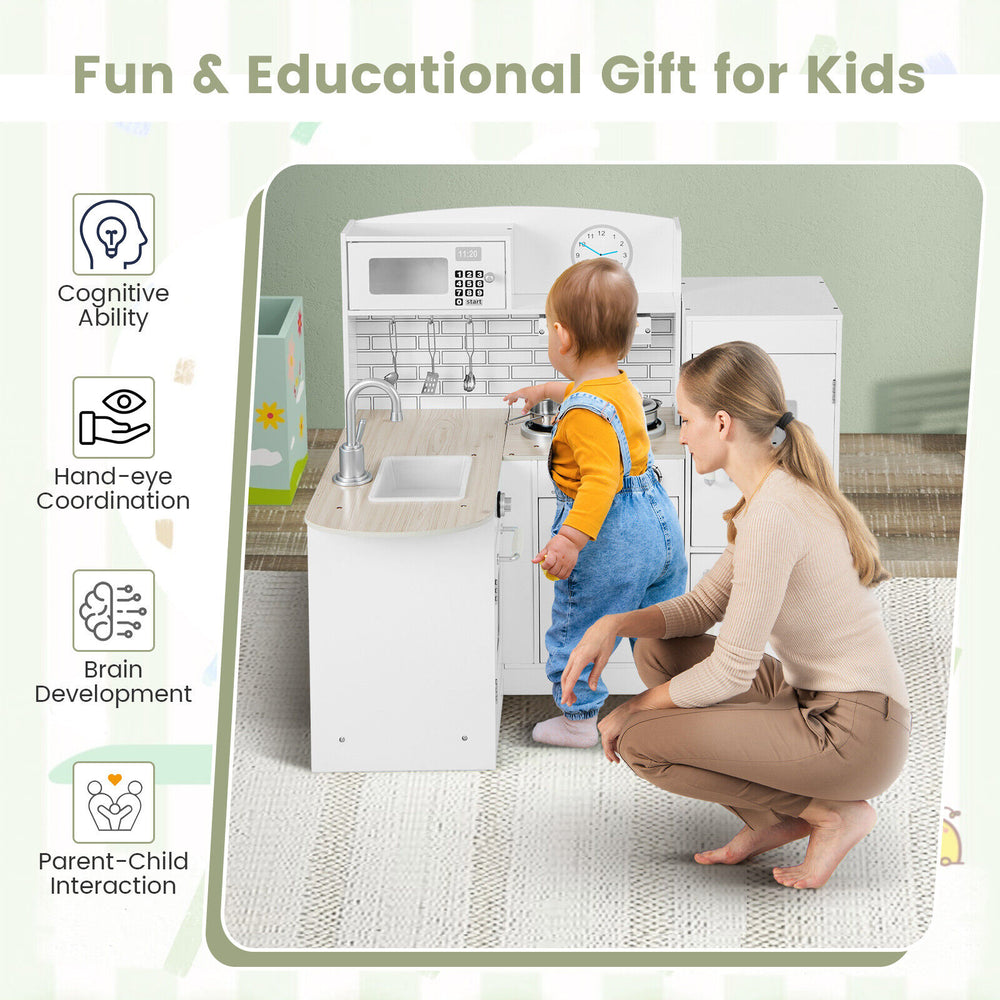 Kids kitchen playset with realistic stove, sink, and refrigerator in white, designed for imaginative cooking fun.